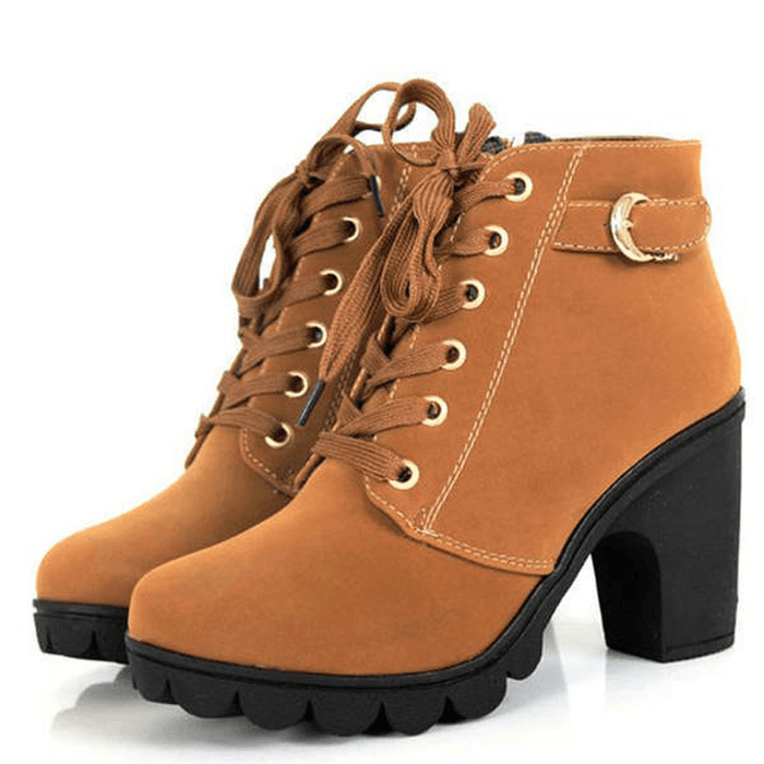 Round Toe Thick High Heel Lace-Up Side Zipper Women Boots