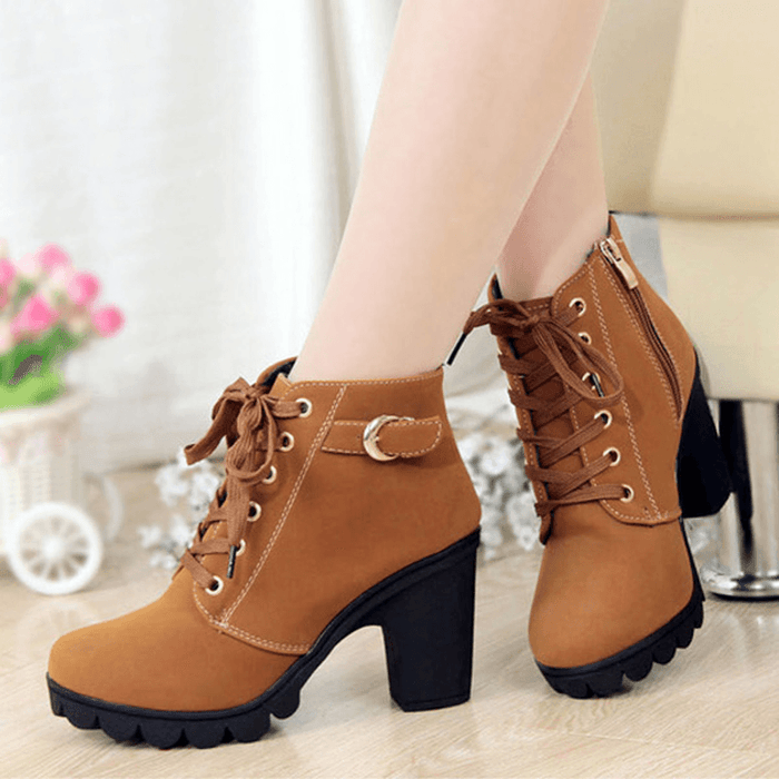 Round Toe Thick High Heel Lace-Up Side Zipper Women Boots