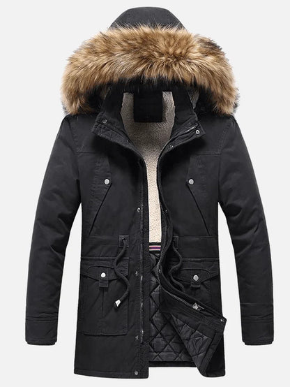 Men's Warm Solid Color Windproof Multi Pocket Detachable Faux Fur Collar Hooded Coat